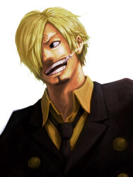 Rule 34 | 1boy, black eyes, black necktie, blonde hair, cigarette, curly eyebrows, facial hair, formal, goatee, hair over one eye, highres, male focus, meta gun, necktie, one eye covered, one piece, open mouth, sanji (one piece), short hair, simple background, smile, smoke, smoking, solo, suit, teeth, white background