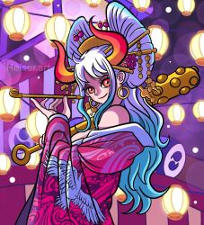 Rule 34 | 1girl, alternate costume, artist name, bare shoulders, blue hair, closed mouth, club (weapon), curled horns, earrings, flower, hair flower, hair ornament, hair stick, holding, holding smoking pipe, holding weapon, hoop earrings, horns, japanese clothes, jewelry, long hair, looking at viewer, melonciutus, multicolored hair, multicolored horns, oiran, one piece, oni, oni horns, orange eyes, outdoors, smile, smoking pipe, solo, traditional clothes, weapon, white hair, yamato (one piece)