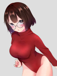 Rule 34 | 1girl, 5tella, absurdres, blush, breasts, brown hair, commentary, cowboy shot, eyes visible through hair, glasses, heattech leotard, highres, large breasts, leaning forward, leotard, looking at viewer, open mouth, original, ribbed leotard, ribbed sweater, round eyewear, short hair, solo, sweater, turtleneck, uniqlo