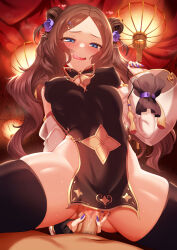 Rule 34 | 1boy, 1girl, bare shoulders, black dress, black thighhighs, blue eyes, blush, breasts, brown hair, censored, china dress, chinese clothes, cleavage cutout, clothing cutout, covered erect nipples, cowgirl position, detached sleeves, double bun, dress, fate/grand order, fate (series), flower, forehead, girl on top, gluteal fold, gold trim, guided penetration, hair bun, hair flower, hair ornament, hairclip, hetero, highres, leonardo da vinci (fate), leonardo da vinci (fate/grand order), leonardo da vinci (rider) (fate), licking lips, long hair, looking at viewer, m-da s-tarou, male pubic hair, medium breasts, mosaic censoring, no panties, open mouth, parted bangs, pelvic curtain, penis, pubic hair, sex, short dress, side slit, smile, spread legs, straddling, sweat, tassel, thighhighs, thighs, tongue, tongue out, vaginal, variant set