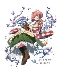 Rule 34 | 1girl, apron, bell, book, boots, brown footwear, bug, butterfly, character name, checkered clothes, checkered kimono, clothes writing, frilled skirt, frills, green skirt, hair bell, hair ornament, highres, holding, holding book, insect, japanese clothes, jingle bell, kimono, motoori kosuzu, orange hair, red eyes, red hair, red kimono, romaji text, shishi osamu, skirt, smoke, solo, touhou, two-tone kimono, two side up, white kimono, yellow apron