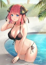 Rule 34 | 1girl, absurdres, bikini, black bikini, blue eyes, blush, breasts, cleavage, cowboy shot, fingernails, from side, front-tie bikini top, front-tie top, go-toubun no hanayome, hair ornament, hair ornament request, highres, large breasts, looking at viewer, looking to the side, midriff, mizukanayuki, nail polish, nakano nino, navel, open mouth, outdoors, palm tree, partially submerged, pink hair, pink nails, pool, poolside, pregnant, puddle, side-tie bikini bottom, signature, solo, string bikini, summer, swimsuit, tree, two side up, water