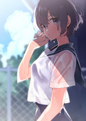 Rule 34 | 1girl, blouse, blue sailor collar, blurry, blurry background, blush, brown eyes, brown hair, cloud, commentary request, day, depth of field, dripping, artistic error, fence, from side, hair between eyes, hand up, has bad revision, has downscaled revision, highres, looking at viewer, md5 mismatch, original, outdoors, parted lips, resolution mismatch, sailor collar, school swimsuit, school uniform, serafuku, shirt, short hair, short sleeves, solo, source smaller, sparkle, swimsuit, swimsuit under clothes, tree, u35, water, wet, wet clothes, wet hair, wet shirt, white shirt