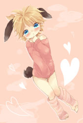 1boy ahoge animal_ears bad_id blonde_hair blue_eyes blush child heart kagamine_len leg_warmers long_sleeves male_focus off_shoulder ponytail rabbit_ears rabbit_tail short_hair sleeves_past_wrists solo sweater tail tears touyama_soboro trap vocaloid