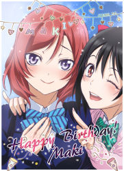 Rule 34 | 10s, 2girls, ;d, black hair, blazer, blue bow, blue bowtie, bow, bowtie, cardigan, character name, circle name, confetti, green bow, green bowtie, hand on another&#039;s shoulder, hand on own chest, happy birthday, heart, jacket, looking at viewer, love live!, love live! school idol project, multiple girls, nanno koto, nishikino maki, one eye closed, open mouth, party popper, pinky out, pointing, purple eyes, red eyes, red hair, school uniform, short hair, smile, streamers, striped bow, striped bowtie, striped clothes, striped neckwear, upper body, yazawa nico