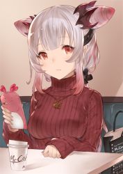 Rule 34 | 1girl, nanashi inc., bag, blunt bangs, coffee cup, cone hair bun, cup, disposable cup, double bun, hair bun, hair ornament, hair ribbon, hanarito, honey strap, jewelry, long hair, looking at viewer, mcdonald&#039;s, necklace, phone, red eyes, red hair, red sweater, ribbed sweater, ribbon, shopping bag, sidelocks, silver hair, sitting, solo, suou patra, sweater, table, turtleneck, turtleneck sweater, virtual youtuber