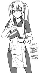 Rule 34 | 1girl, alternate costume, apron, barista, closed mouth, coffee, coffee pot, collared shirt, cup, dated, employee uniform, girls&#039; frontline, greyscale, hair between eyes, hair ornament, hairclip, highres, holding, holding cup, long hair, looking at viewer, lwmmg (girls&#039; frontline), monochrome, ndtwofives, pants, pouring, shirt, short sleeves, simple background, smile, solo, twintails, uniform, very long hair, white background