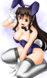 Rule 34 | 10s, 1girl, adapted costume, animal ears, ashigara (kancolle), brown eyes, brown hair, detached collar, fake animal ears, fake horns, fang, gloves, hairband, horned headwear, horns, kantai collection, keito (keito-ya), leotard, long hair, playboy bunny, purple leotard, rabbit ears, rabbit tail, sitting, solo, tail, thighhighs, wariza, wavy hair, white gloves, white thighhighs, wrist cuffs