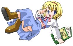 Rule 34 | 1girl, :d, alice margatroid, blonde hair, blue eyes, blush, book, boots, bow, bowtie, capelet, female focus, flat chest, floating, full body, hairband, looking at viewer, lying, midriff, navel, no panties, no pussy, oekaki, on side, open mouth, salute, shiny skin, short hair, simple background, skirt, smile, snowing, solo, touhou, upskirt, vest, white background