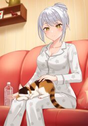 Rule 34 | 1girl, blush, bottle, breasts, calico, cat, cleavage, closed mouth, commentary request, commission, coughing, drink, floral print, grey hair, hair bun, highres, holding, holding bottle, holding drink, indoors, medium breasts, original, pajamas, pants, single hair bun, sitting, skeb commission, sleeping, solo, umeshiba (eleventhdolls), water bottle, white pajamas, white pants, yellow eyes