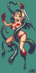 Rule 34 | 1girl, bikini, black hair, boots, breasts, gloves, green background, holding, holding sword, holding weapon, large breasts, long hair, lowres, mabius, navel, one eye closed, open mouth, original, pixel art, pointy ears, red bikini, red gloves, swimsuit, sword, tentacles, weapon