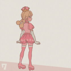 Rule 34 | 1girl, arched crown, back, bellhenge, bow, crown, dress, elbow gloves, from side, full body, gloves, grey background, grey eyes, long hair, looking at viewer, mario (series), mario kart, mario kart 8, nintendo, peachette, pink crown (object), pink dress, pink footwear, puffy short sleeves, puffy sleeves, short sleeves, simple background, smile, solo, sparkle, super crown, thighhighs, toadette, twintails