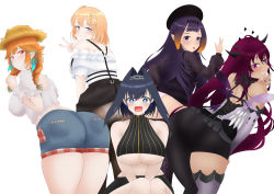 Rule 34 | 5girls, absurdres, aqua eyes, aqua hair, ass, bare shoulders, black hair, blonde hair, blue eyes, blush, breasts, clothes lift, come hither, denim, denim shorts, from behind, gradient hair, grin, hair ornament, hat, highres, hololive, hololive english, horns, huge ass, irys (hololive), large breasts, leaning, leaning forward, long hair, looking at viewer, looking back, mee don, multicolored hair, multiple girls, ninomae ina&#039;nis, open mouth, orange hair, ouro kronii, purple eyes, purple hair, red eyes, shiny clothes, shiny skin, short hair, short shorts, shorts, simple background, sitting, skirt, skirt lift, smile, takanashi kiara, tears, tentacle hair, trembling, underboob, very long hair, virtual youtuber, watson amelia, white background, wings