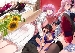 Rule 34 | 1boy, 5girls, :d, :o, aged down, alternate costume, beads, black hair, black legwear, black pants, blouse, blue eyes, blush, bow, breasts, brown hair, child, cleavage, cleavage cutout, clothing cutout, convenient leg, detached sleeves, dress, dutch angle, enmaided, fate/grand order, fate (series), flower, frills, from below, fujimaru ritsuka (male), garter straps, hair between eyes, hair over one eye, hat, hews, high heels, highres, indoors, jewelry, large breasts, leaning forward, light purple hair, long hair, looking at viewer, looking back, maid, mash kyrielight, miyamoto musashi (fate), multiple girls, necklace, oda nobunaga (fate), oda nobunaga (koha-ace), okita souji (fate), okita souji (koha-ace), open mouth, pants, peaked cap, pink eyes, pink hair, prayer beads, purple eyes, red footwear, red shirt, shirt, short hair, smile, spiked hair, sunflower, swept bangs, thighhighs, thighs, white bow, white dress, xuangzang sanzang (fate)