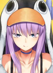 Rule 34 | 1girl, :q, animal hood, blue bow, blue choker, blue eyes, bow, choker, closed mouth, collarbone, commentary request, fate/grand order, fate (series), hair between eyes, hood, hood up, long hair, looking at viewer, meltryllis, meltryllis (fate), meltryllis (swimsuit lancer) (fate), meltryllis (swimsuit lancer) (first ascension) (fate), nenosame, penguin hood, purple hair, simple background, smile, solo, tongue, tongue out, tsurime, upper body, v-shaped eyebrows, yellow background