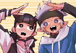 2boys arm_up black_choker black_eyes black_hair black_jacket black_undershirt blue_eyes blue_hoodie choker double_bun hair_bun hood hoodie jacket long_hair looking_at_another looking_to_the_side luo_xiaohei_zhanji multiple_boys nezha_(the_legend_of_luoxiaohei) nploser open_mouth shirt smile white_hair white_shirt yi_feng_(the_legend_of_luoxiaohei)