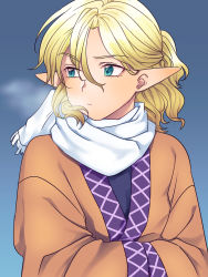 Rule 34 | 1girl, adapted costume, blonde hair, green eyes, half updo, hands in opposite sleeves, highres, japanese clothes, kimono, medium hair, mizuhashi parsee, pointy ears, scarf, short ponytail, sibata maru, solo, touhou