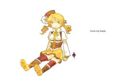 Rule 34 | 1girl, arm support, beret, blonde hair, boots, breasts, brown thighhighs, comic, corset, detached sleeves, drill hair, english text, fingerless gloves, gloves, goldfishu, grief seed, hair ornament, hairpin, hat, headless, i want my hat back, long hair, lowres, magical girl, mahou shoujo madoka magica, mahou shoujo madoka magica (anime), mami mogu mogu, medium breasts, panties, pantyshot, parody, puffy short sleeves, puffy sleeves, ribbon, shirt, short sleeves, simple background, sitting, skirt, solo, spoilers, striped clothes, striped thighhighs, taut clothes, taut shirt, text focus, thighhighs, tomoe mami, twin drills, twintails, underwear, upskirt, vertical-striped clothes, vertical-striped thighhighs, white background, white panties, yellow eyes