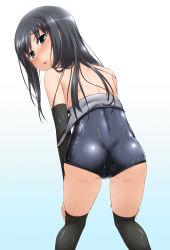 Rule 34 | 10s, 1girl, aqua eyes, arm warmers, asashio (kancolle), ass, bare shoulders, black hair, black thighhighs, blush, clothes pull, highres, kantai collection, long hair, looking back, one-piece swimsuit, one-piece swimsuit pull, open mouth, school swimsuit, solo, swimsuit, thighhighs, wet, yoshi tama