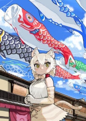 Rule 34 | 1girl, animal ears, animal print, architecture, blonde hair, blue sky, blush, bow, bowtie, breasts, brown bow, brown bowtie, brown gloves, brown skirt, building, cat (kemono friends), cat ears, cat tail, closed mouth, cloud, cloudy sky, collar, cowboy shot, day, east asian architecture, elbow gloves, expressionless, gloves, hair flaps, highres, kemono friends, kemono friends 3, koinobori, large breasts, looking to the side, outdoors, own hands together, print skirt, red collar, rinx, shirt, short hair, skirt, sky, sleeveless, sleeveless shirt, solo, tail, white shirt, windsock, yellow eyes