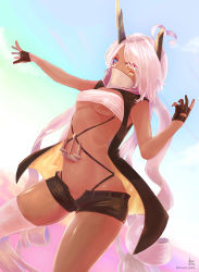 Rule 34 | 1girl, ahoge, andre borges, asymmetrical legwear, azur lane, bandeau, black gloves, blue eyes, breasts, commentary request, covered mouth, cowboy shot, dark-skinned female, dark skin, dutch angle, eyes visible through hair, facepaint, gloves, hair over one eye, heart, heart ahoge, heterochromia, highres, horns, indianapolis (azur lane), long hair, looking afar, mechanical horns, medium breasts, partially fingerless gloves, pink hair, signature, solo, thighhighs, turtleneck, twintails, underboob, uneven legwear, very long hair, white bandeau, white thighhighs, yellow eyes