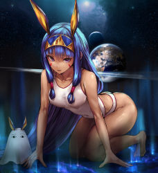 Rule 34 | 1girl, all fours, animal ears, bare legs, barefoot, blue hair, breasts, collarbone, competition swimsuit, covered erect nipples, covered navel, dark-skinned female, dark skin, earth (planet), facepaint, fate/grand order, fate (series), full body, hair rings, hair tubes, hairband, juu roku gen, long hair, looking at viewer, medium breasts, medjed (fate), moon, night, night sky, nitocris (fate), nitocris (fate/grand order), nitocris (swimsuit assassin) (fate), nitocris (swimsuit assassin) (second ascension) (fate), one-piece swimsuit, open mouth, planet, purple eyes, rabbit ears, sidelocks, sky, solo, space, straight hair, swimsuit, white one-piece swimsuit