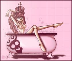 Rule 34 | 1girl, barefoot, bath, bathtub, breasts, bubble, claw foot bathtub, crown, drill hair, ruffling hair, hat, long hair, medium breasts, one piece, perona, pink hair, smile, solo, twintails