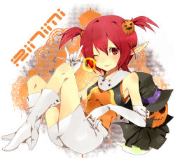 Rule 34 | 1girl, :p, amaya enaka, bad id, bad pixiv id, blush, boots, candy, elbow gloves, food, food-themed clothes, food-themed hair ornament, gloves, hair ornament, halloween, jack-o&#039;-lantern, lollipop, one eye closed, pointy ears, pumpkin, pumpkin hair ornament, red eyes, red hair, shaped lollipop, skirt, solo, tentani, tongue, tongue out, twintails, white gloves, wink