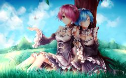 Rule 34 | 10s, 2girls, animal, apron, holding another&#039;s arm, black bow, black ribbon, blue eyes, blue hair, blue sky, blush, bow, breasts, bug, butterfly, closed mouth, cloud, day, detached sleeves, dress, closed eyes, frilled sleeves, frills, grass, hair ornament, hair over one eye, hairband, hairclip, hand on another&#039;s arm, highres, bug, large breasts, leaning on person, looking at viewer, maid, medium breasts, multiple girls, neck ribbon, no legwear, on ground, one eye covered, outdoors, pink eyes, pink hair, ram (re:zero), re:zero kara hajimeru isekai seikatsu, rem (re:zero), ribbon, ribbon trim, shade, short hair, siblings, sisters, sitting, sky, sleeping, smile, sunlight, tree, twins, under tree, waist apron, white apron, white bow, wide sleeves, wsman, x hair ornament