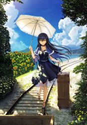 Rule 34 | 1girl, beach, black dress, black hair, black hairband, blue sky, bug, butterfly, capelet, choker, cloud, cloudy sky, copyright name, cross-laced footwear, dappled sunlight, day, dress, flower, frills, grass, hairband, high heels, highres, holding, holding umbrella, insect, jewelry, key, key (company), key necklace, kushima kamome, long hair, na-ga, nature, necklace, official art, outdoors, parasol, plant, rolling suitcase, scenery, see-through, skull and crossbones, sky, smile, solo, standing, suitcase, summer pockets, sunflower, sunlight, tree, umbrella, yellow eyes
