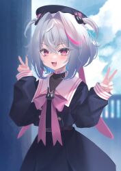Rule 34 | 1girl, :d, absurdres, belt, blush, buttons, double-breasted, double v, fang, highres, jingo, looking at viewer, open mouth, original, purple eyes, school uniform, serafuku, smile, solo, two side up, v, white hair