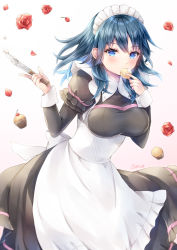 Rule 34 | 1girl, alternate costume, apron, artist name, ayame (norie11), blue eyes, blue hair, breasts, byleth (female) (fire emblem), byleth (fire emblem), commentary request, cream puff, cupcake, enmaided, fire emblem, fire emblem: three houses, flower, food, highres, holding, holding knife, kitchen knife, knife, large breasts, maid, maid apron, maid headdress, medium hair, nintendo, petals, rose, rose petals, signature, solo, white apron