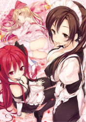 Rule 34 | 3girls, apron, arm support, ass, between breasts, black legwear, blonde hair, bow, breasts, brown eyes, brown hair, buriki, cleavage, detached collar, detached sleeves, diana (tsunpuri), dress, hair bow, hair over shoulder, hand to own mouth, highres, karen (tsunpuri), large breasts, long hair, lying, maid headdress, mary janes, miriam henriette wilhelmina, multiple girls, non-web source, off shoulder, on bed, on side, one side up, panties, petals, pink dress, pink legwear, pink panties, red eyes, red hair, shoes, side ponytail, sitting, smile, thighhighs, trefoil, tsunpri aisite ohimesama, underwear, waist apron, wariza, wide sleeves, yellow eyes