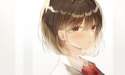 Rule 34 | 1girl, blue background, blush, bob cut, bow, bowtie, brown eyes, brown hair, closed mouth, collared shirt, commentary request, earrings, expressionless, gradient background, highres, hiiragi souren, jewelry, looking at viewer, original, portrait, red bow, red bowtie, shirt, short hair, solo, stud earrings, wing collar