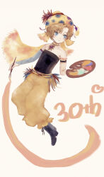 Rule 34 | 1girl, absurdres, anniversary, armband, bare shoulders, beret, black footwear, black shirt, blonde hair, blue eyes, boots, choker, closed mouth, detached sleeves, final fantasy, final fantasy vi, flat chest, full body, gem, grey sleeves, hat, highres, holding, holding paintbrush, long sleeves, paint, paintbrush, palette (object), pants, piroropepon, puffy pants, purple gemstone, relm arrowny, shirt, short hair, simple background, single detached sleeve, smile, solo, strapless, strapless shirt, white background, white choker, yellow hat, yellow pants