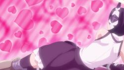 Rule 34 | 1girl, animated, anime screenshot, bare shoulders, black hair, black skirt, black thighhighs, blush, boots, breasts, closed eyes, dunant pilse, eye mask, fingerless gloves, frilled skirt, frills, gloves, hair ornament, halo, heart, heart-shaped pupils, highres, kissing cheek, lady black (shy), large breasts, lips, long hair, looking at another, looking at viewer, lying, mind control, on side, parted lips, purple eyes, shirt, shy (series), skirt, smile, sound, subtitled, symbol-shaped pupils, tagme, thighhighs, twintails, video, white shirt