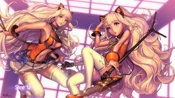 Rule 34 | 2girls, animal ears, bare shoulders, blonde hair, blue eyes, bracelet, breasts, cat ears, center opening, dual persona, highres, jewelry, kakiman, long hair, microphone, microphone stand, multiple girls, aged up, seeu, skirt, smile, tan, thighhighs, very long hair, vocaloid, white legwear, aged down, zettai ryouiki