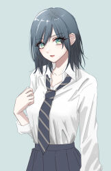 Rule 34 | 1girl, blue necktie, blue skirt, breasts, collarbone, collared shirt, commentary request, cowboy shot, dress shirt, earrings, green eyes, grey background, grey hair, hair between eyes, hand up, highres, jewelry, long sleeves, looking at viewer, medium breasts, medium hair, necktie, original, parted lips, pleated skirt, sakashima 0822, school uniform, shirt, signature, simple background, skirt, solo, stud earrings, white shirt