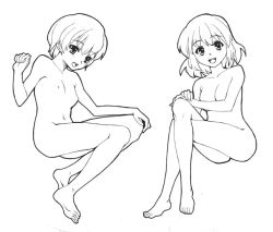 Rule 34 | 2girls, barefoot, crossed legs, feet, flat chest, full body, greyscale, looking at viewer, monochrome, multiple girls, nipples, nude, open mouth, oryo (oryo04), simple background, sitting, smile, soles, toes