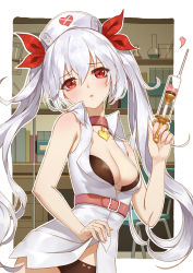 Rule 34 | 1girl, :&lt;, absurdres, azur lane, bare arms, bare shoulders, black bra, black panties, blush, bow, bow panties, bra, breasts, cleavage, clothes lift, collar, collarbone, collared shirt, commentary request, fingernails, hair between eyes, hair ribbon, hat, heart, heart collar, highres, indoors, lifted by self, long hair, looking at viewer, medium breasts, no pants, nurse, nurse cap, open mouth, panties, red eyes, red ribbon, ribbon, shirt, shirt lift, silver hair, sleeveless, solo, standing, syringe, twintails, underwear, vampire (azur lane), vampire (little devil in white) (azur lane), white shirt, xiaoxiao nanjue buyaokeng