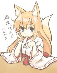Rule 34 | 1girl, animal ears, bad id, bad twitter id, blonde hair, blue eyes, blush stickers, elbow rest, fox ears, fox tail, frown, head rest, japanese clothes, long hair, looking at viewer, miko, open mouth, original, raised eyebrow, senhappyaku, simple background, sitting, solo, tail, translated, white background