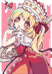Rule 34 | 1girl, :o, argyle, argyle background, argyle clothes, arm up, blonde hair, blush, border, bow, cake, commentary, english commentary, finger to mouth, flandre scarlet, food, frilled shirt collar, frills, fruit, furrowed brow, heart, heart-shaped pupils, highres, kyouda suzuka, nail polish, one side up, open mouth, oversized object, pink background, puffy short sleeves, puffy sleeves, red bow, red eyes, red nails, red skirt, short hair with long locks, short sleeves, side ponytail, skirt, solo, spoon, standing, strawberry, striped, striped bow, symbol-shaped pupils, teeth, touhou, twitter username, upper body, upper teeth only, whipped cream, wings