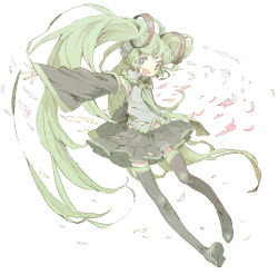 Rule 34 | 1girl, abara heiki, detached sleeves, female focus, full body, green hair, hatsune miku, legs, long hair, necktie, pale color, petals, solo, thighhighs, twintails, vocaloid, white background