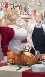 Rule 34 | 1boy, 1girl, blonde hair, blouse, breasts, collared shirt, cup, drinking glass, barghest (fate), fate/grand order, fate (series), gawain (fate), green eyes, horns, jewelry, large breasts, long hair, looking at viewer, neck ring, shirt, short hair, white shirt, yoshio (55level)