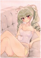 Rule 34 | 1girl, absurdres, alternate costume, anchovy (girls und panzer), blush, bow, breasts, cleavage, closed mouth, collarbone, commission, couch, crossed legs, drill hair, fei (bell fei), girls und panzer, green hair, hair bow, highres, looking at viewer, lying, medium breasts, on back, red eyes, shorts, smile, solo, twin drills, white bow, yellow shorts