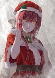 Rule 34 | 1girl, absurdres, bag, braid, chainsaw man, christmas, closed mouth, commentary request, gift bag, hat, highres, holding, holding bag, komura hiroto, looking at viewer, makima (chainsaw man), red hair, red hat, ringed eyes, santa costume, santa hat, shirt, smile, solo, yellow eyes
