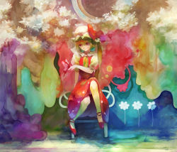 Rule 34 | 1girl, absurdres, adapted costume, ascot, blonde hair, bow, bug, butterfly, chair, flandre scarlet, floral print, hat, hat bow, highres, hogecomhoge, bug, mob cap, no wings, ponytail, puffy sleeves, red eyes, shirt, short hair, short sleeves, side ponytail, sitting, skirt, skirt set, solo, touhou, vest
