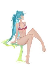 Rule 34 | 1girl, absurdres, bare arms, bare legs, bare shoulders, barefoot, bikini, blue eyes, blue hair, bow, breasts, cleavage, collarbone, front-tie bikini top, front-tie top, full body, gradient hair, green hair, hair between eyes, hatsune miku, highleg, highleg bikini, highres, long hair, looking to the side, multicolored hair, navel, profile, red bow, simple background, sitting, small breasts, solo, swimsuit, twintails, very long hair, vocaloid, white background, yazawa yuki