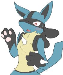 Rule 34 | 1girl, absurdres, animal ears, blush, breasts, constricted pupils, creatures (company), fang, female focus, furry, furry female, game freak, gen 4 pokemon, hands up, highres, lucario, navel, nintendo, no nipples, open mouth, pokemon, pokemon (creature), red eyes, simple background, small breasts, solo, standing, sweat, tail, upper body, white background, wolf ears, xan (xan0712)