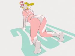 Rule 34 | 1girl, 2021, all fours, bare shoulders, black panties, chinese zodiac, commentary request, cow mask, elbow gloves, from behind, full body, gloves, grey background, highres, mask, no shoes, original, panties, simple background, sirataki umauma, socks, soles, solo, underwear, underwear only, white gloves, white panties, white socks, year of the ox